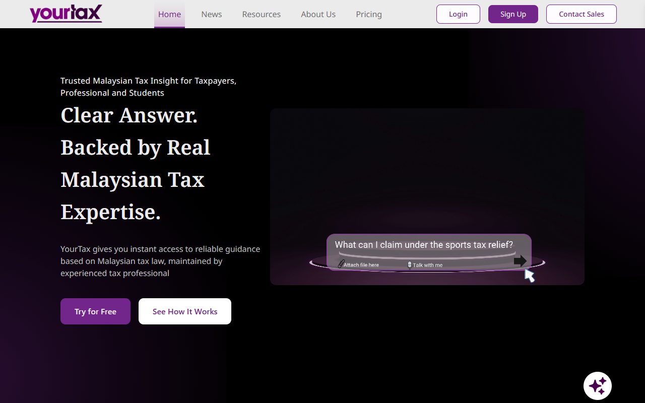 The YourTax AI homepage: 'Clear Answer. Backed by Real Malaysian Tax Expertise.' with a sample question about sports tax relief